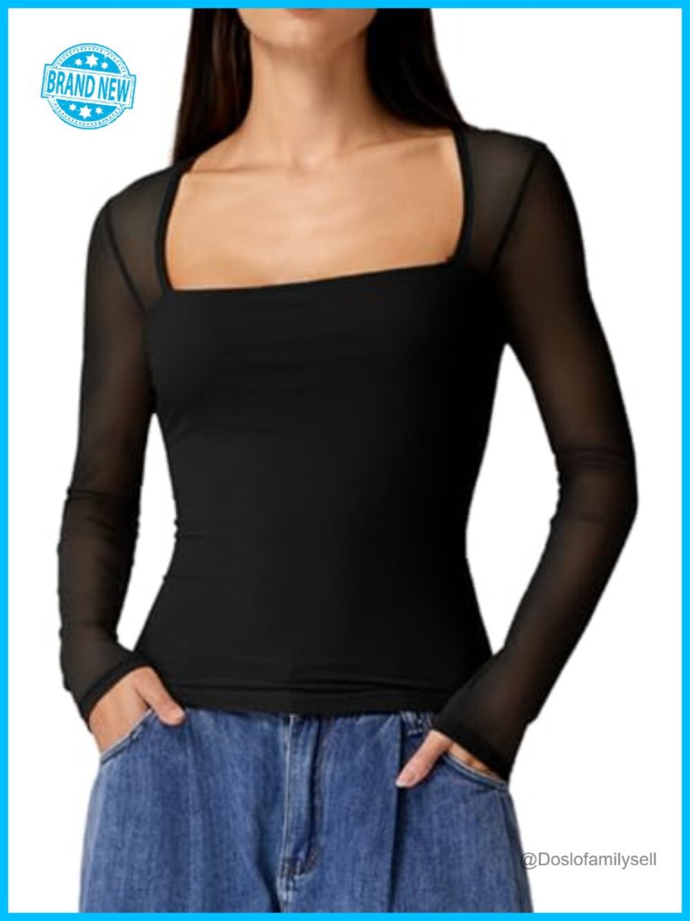 Square Neck Long Sleeve Mesh Crop Top Sheer Fitted Blouse